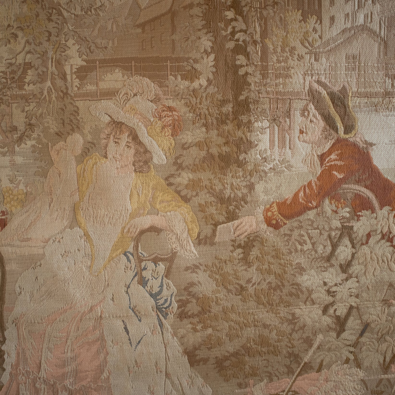 19th Century French Pastoral Tapestry — detailed view of woven figures in soft colors