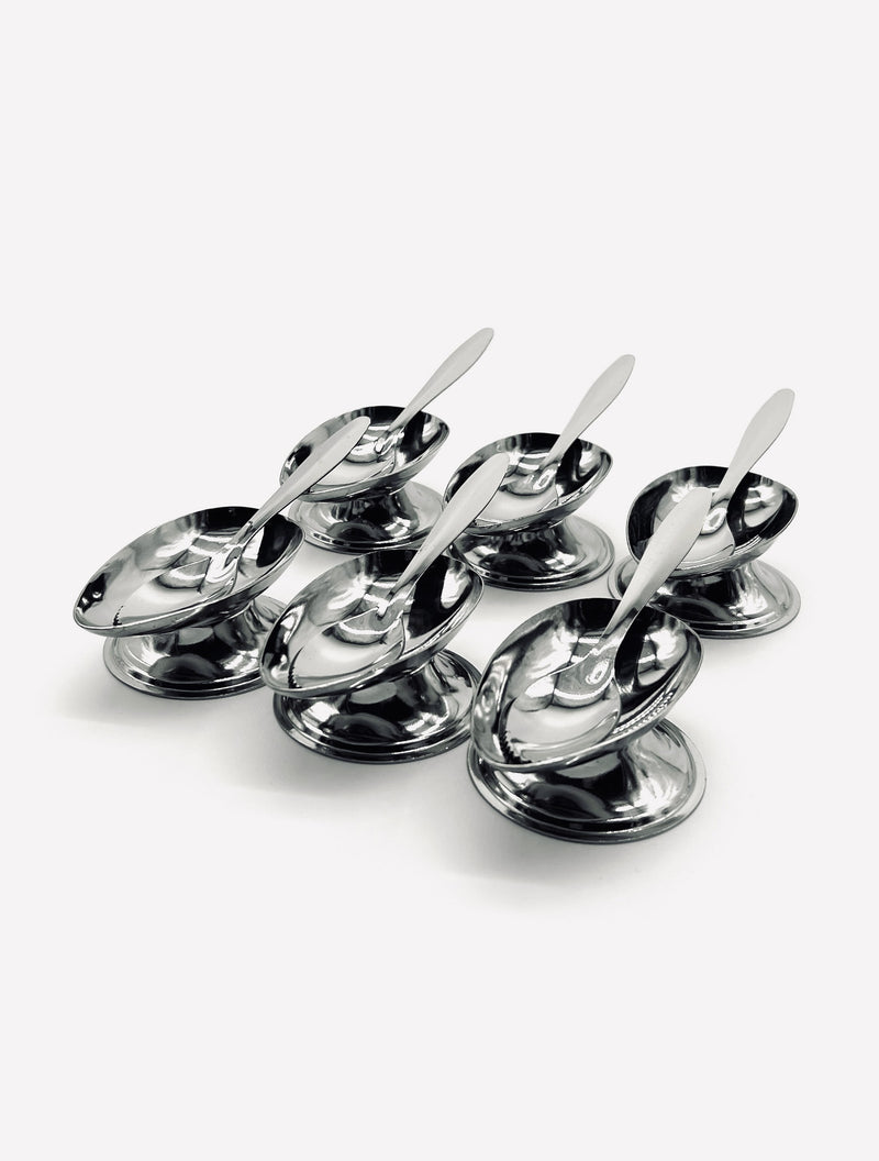 Set of six vintage stainless steel avocado coupes with spoons
