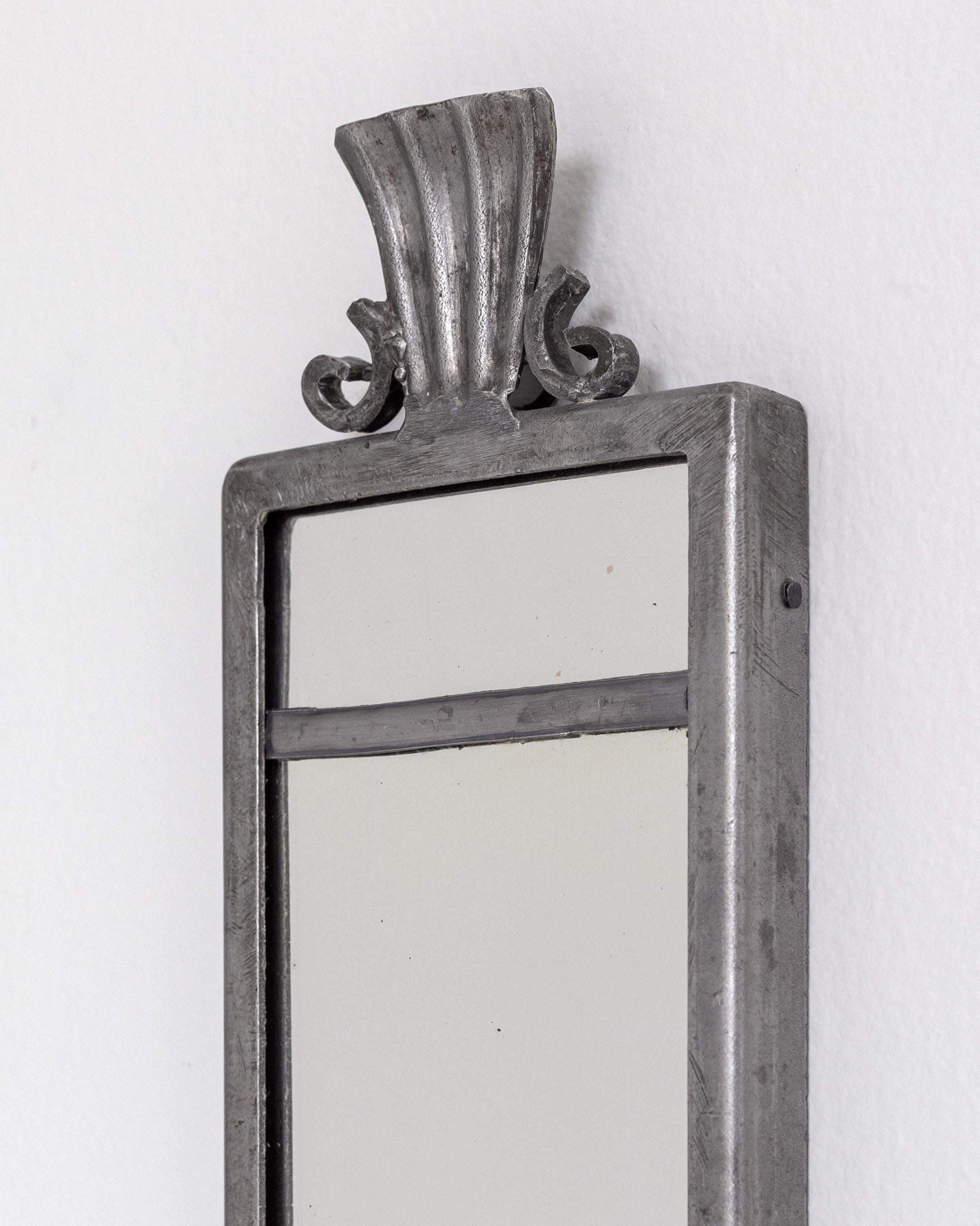 Pair of Art Deco Pewter Candle Sconces by Böhlmarks, Sweden, 1930s — top view highlighting the ornate design and finish