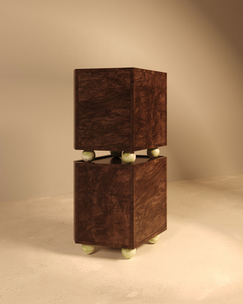 Contemporary walnut sideboard with green onyx spherical legs