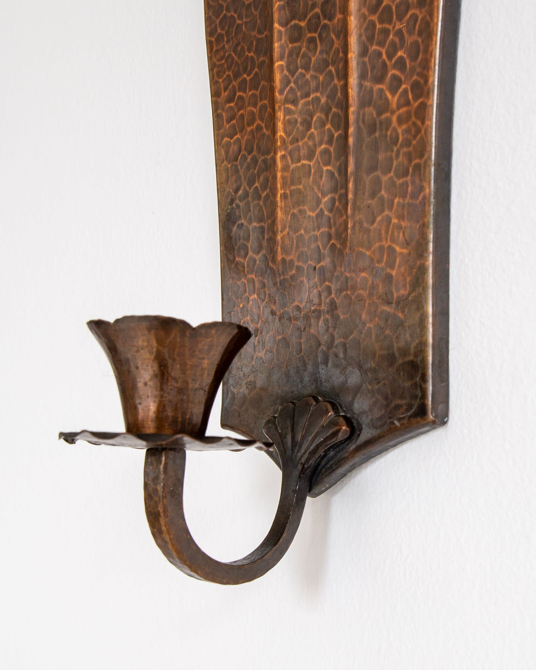 Pair of Swedish Art Deco Copper Wall Sconces, 1930s — close-up of hammered copper candle holder