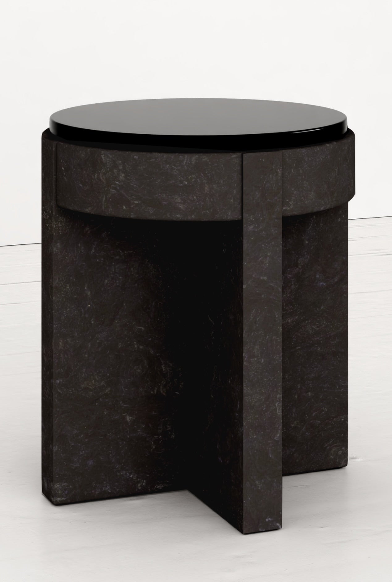 Meï 08 - Bed side table — back view highlighting dark stone finish
