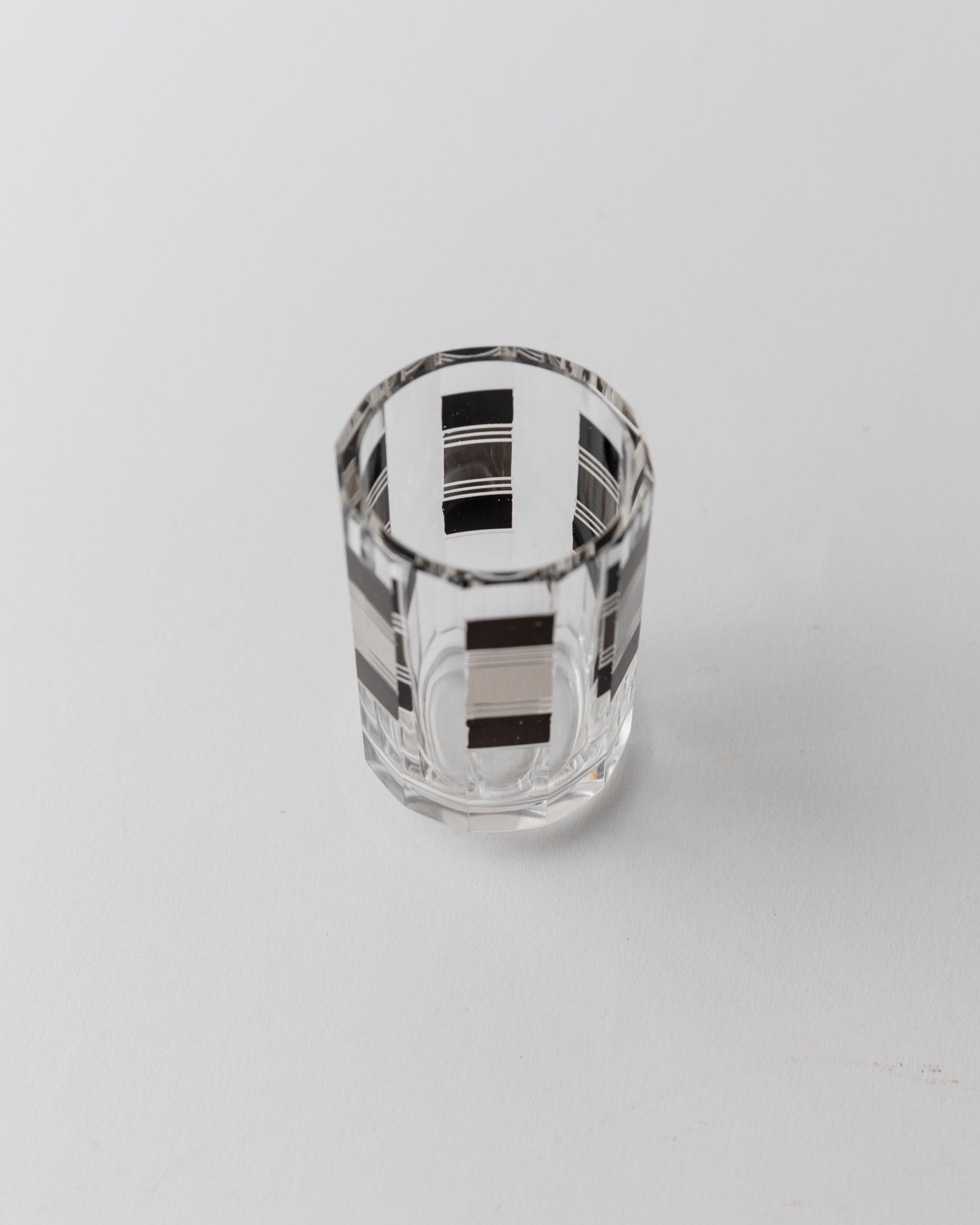 Liqueur Set Art Deco by Karl Palda 1930s — angled view of glass with striped design