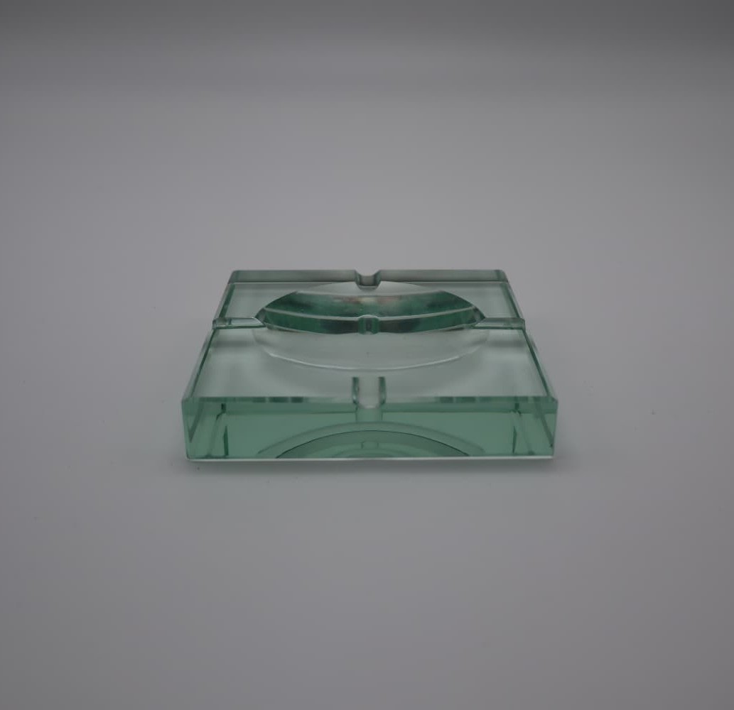 Fontana Arte Green Crystal Ashtray – Italian Mid Century Modern Glass – 1960s Vintage — detail view