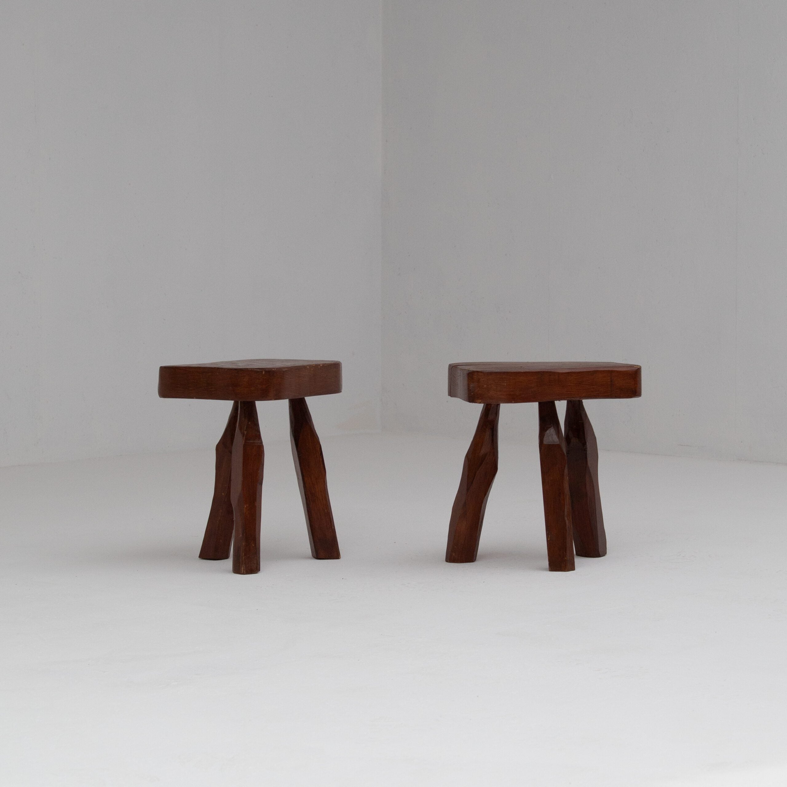 Pair of Sculptural Solid Wood Brutalist Stools, France, 1960s — side angle