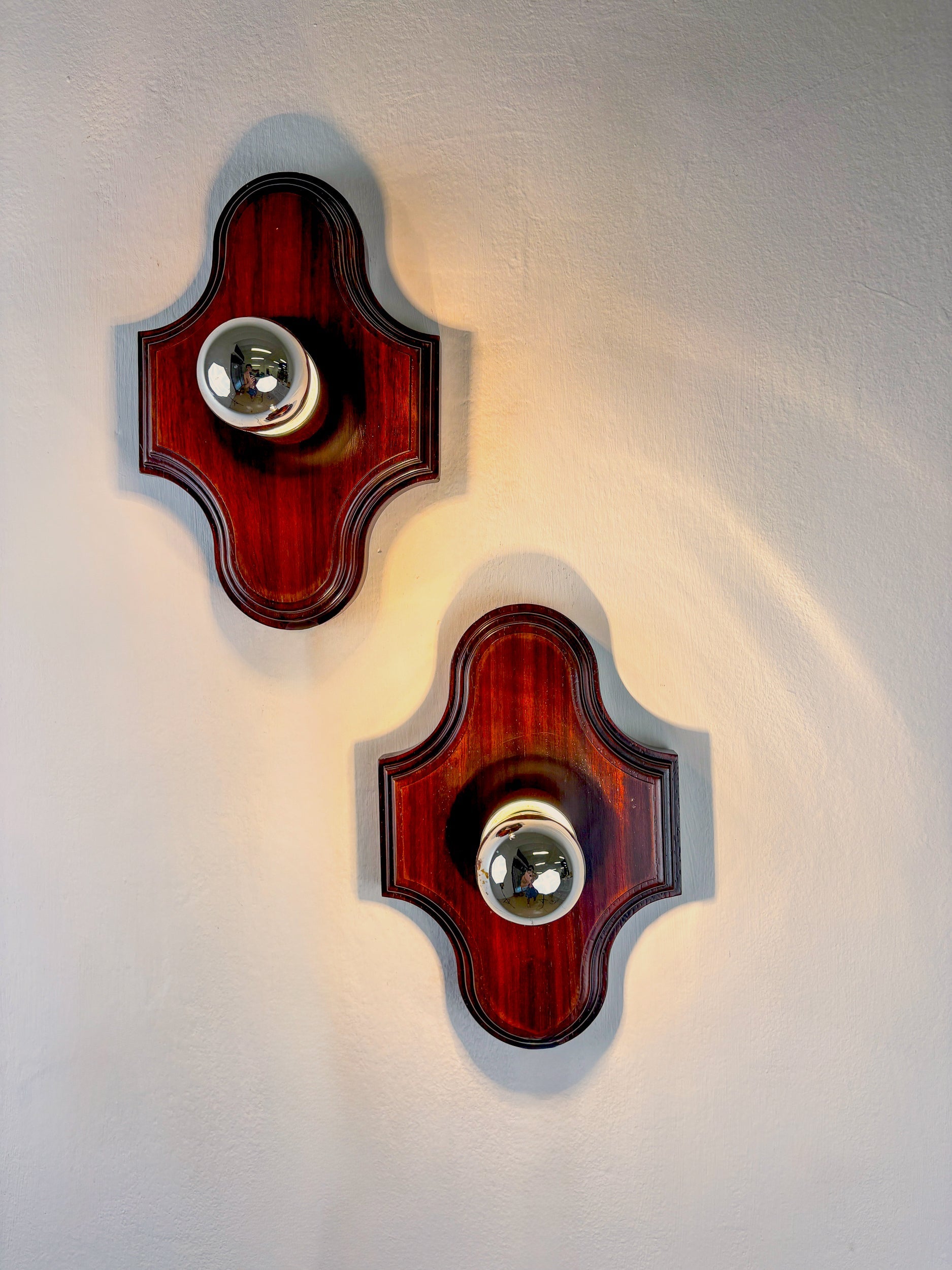 Pair of Geometric Art Deco Wall Lights, Carved wood, France, 1960s — side angle