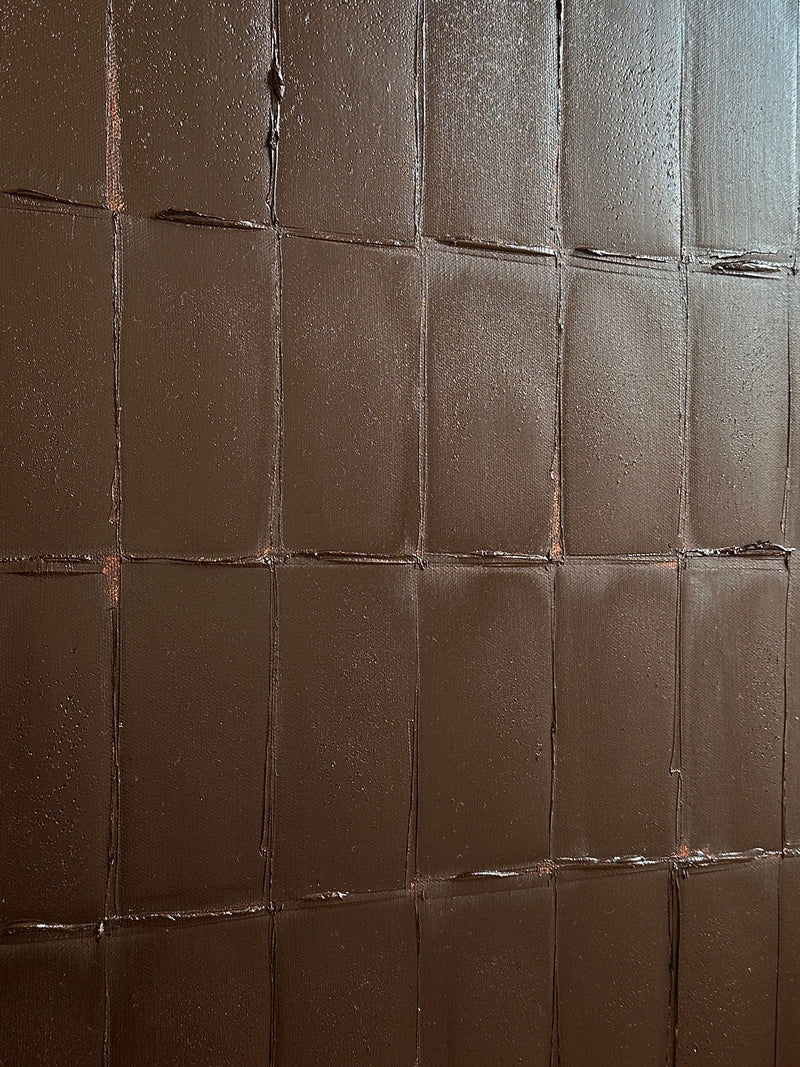 Burnt umber abstract painting with textured grid pattern detail