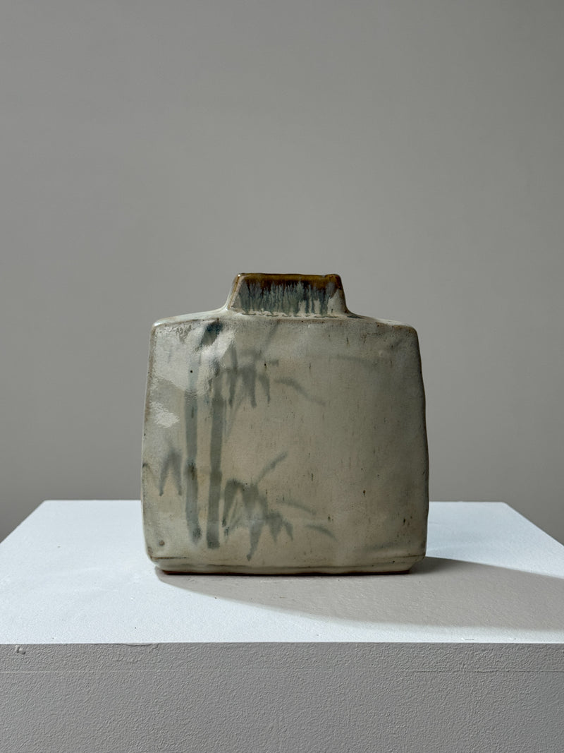 Square ceramic vase with sage green glaze and brown rim accent