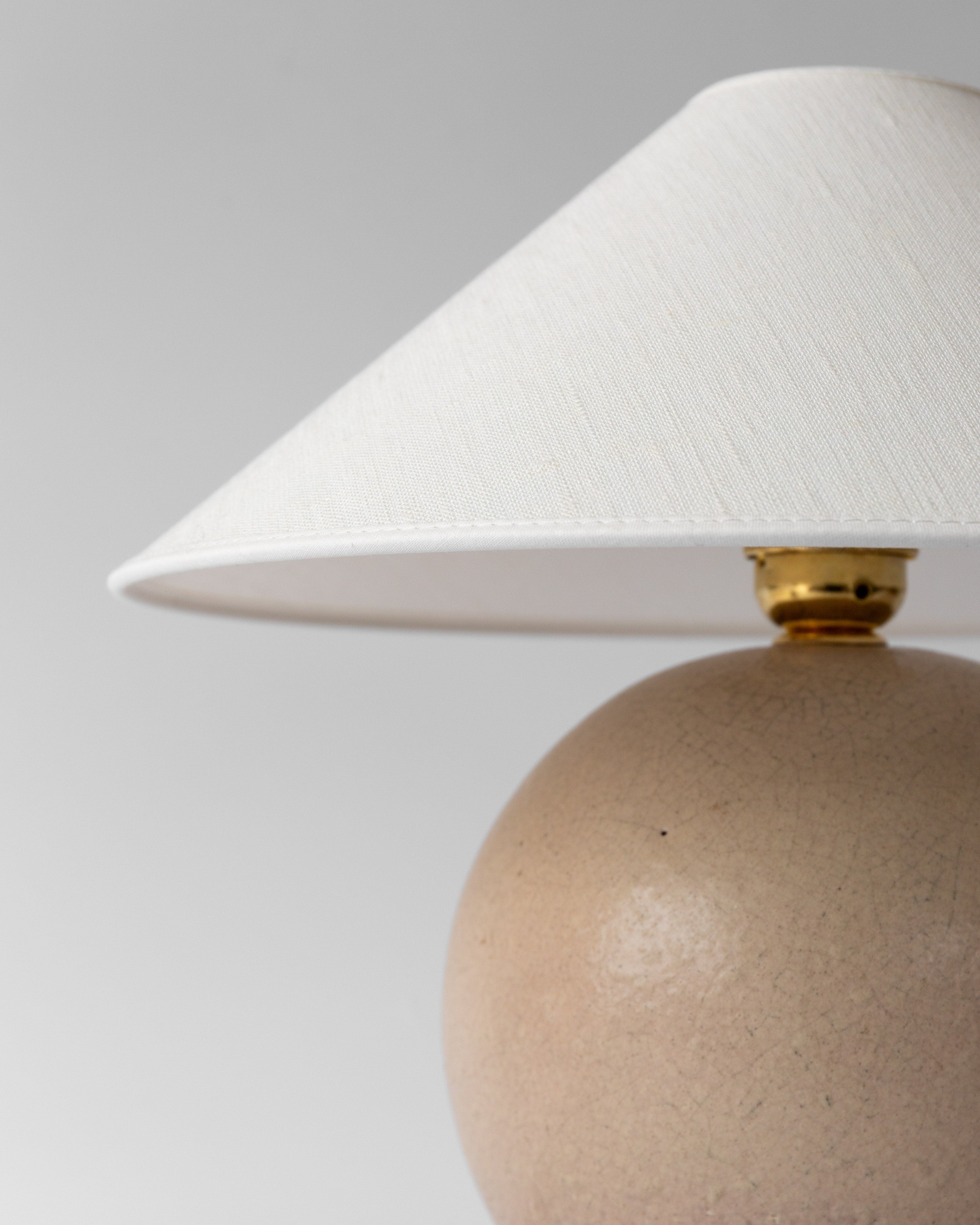 Spherical Modernist Ceramic Table Lamp, 1940s, Sweden — top view highlighting beige ceramic and white shade