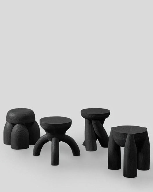 Solid Wood Set of Four Stools - ELEMENTOS by Daniel Couttolenc, Black Finish by Daniel Couttolenc | The Oblist