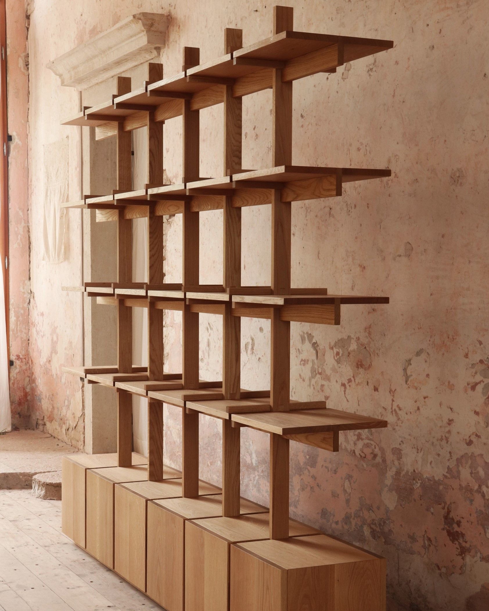 Modern wooden modular bookshelf with geometric cubic design