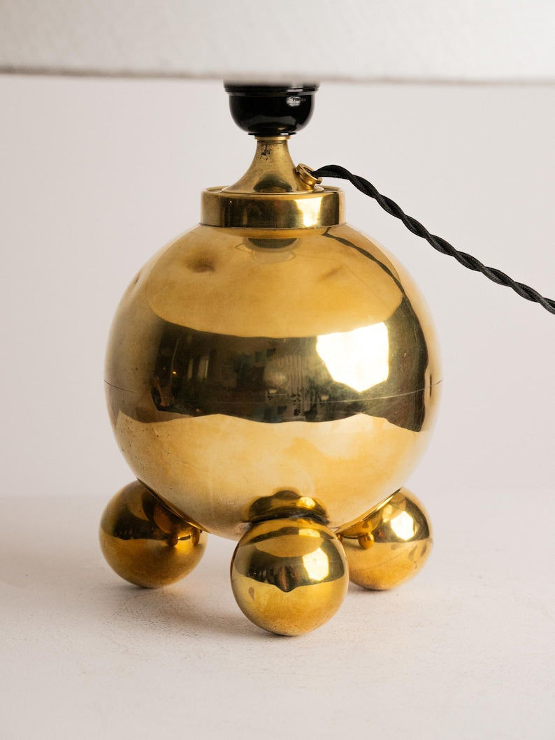 Vintage Brass Orb Lamp | Space Age Tripod Base, Mid Century Cone Shade — side angle