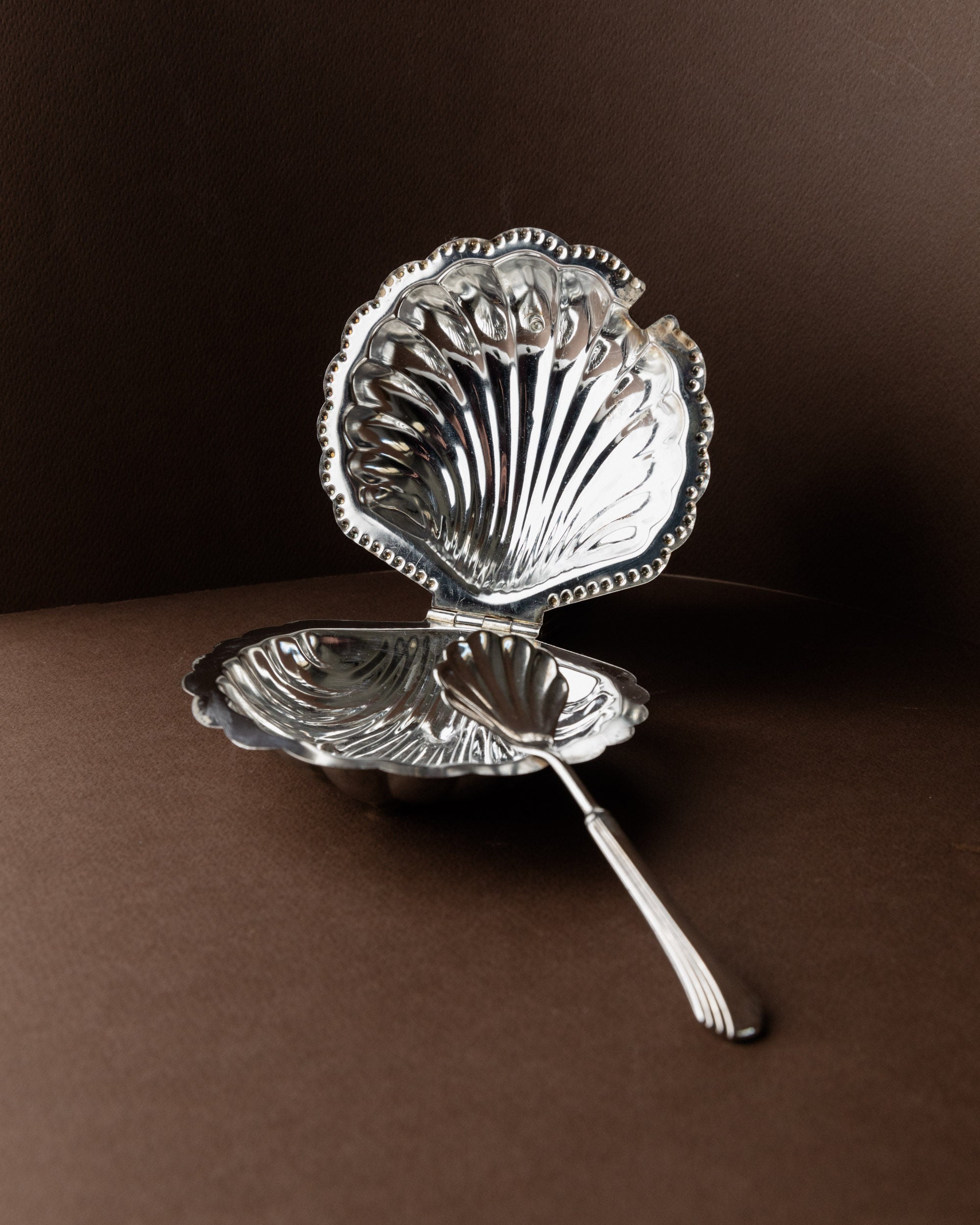 Shell-Shaped Sugar Bowl, Italy 1960s — close-up of polished silver interior