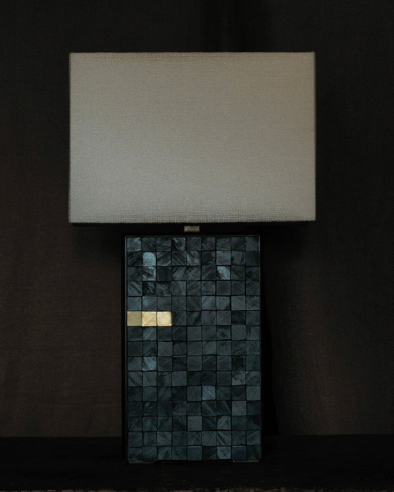 Orion table lamp with teal mosaic base and cream fabric shade