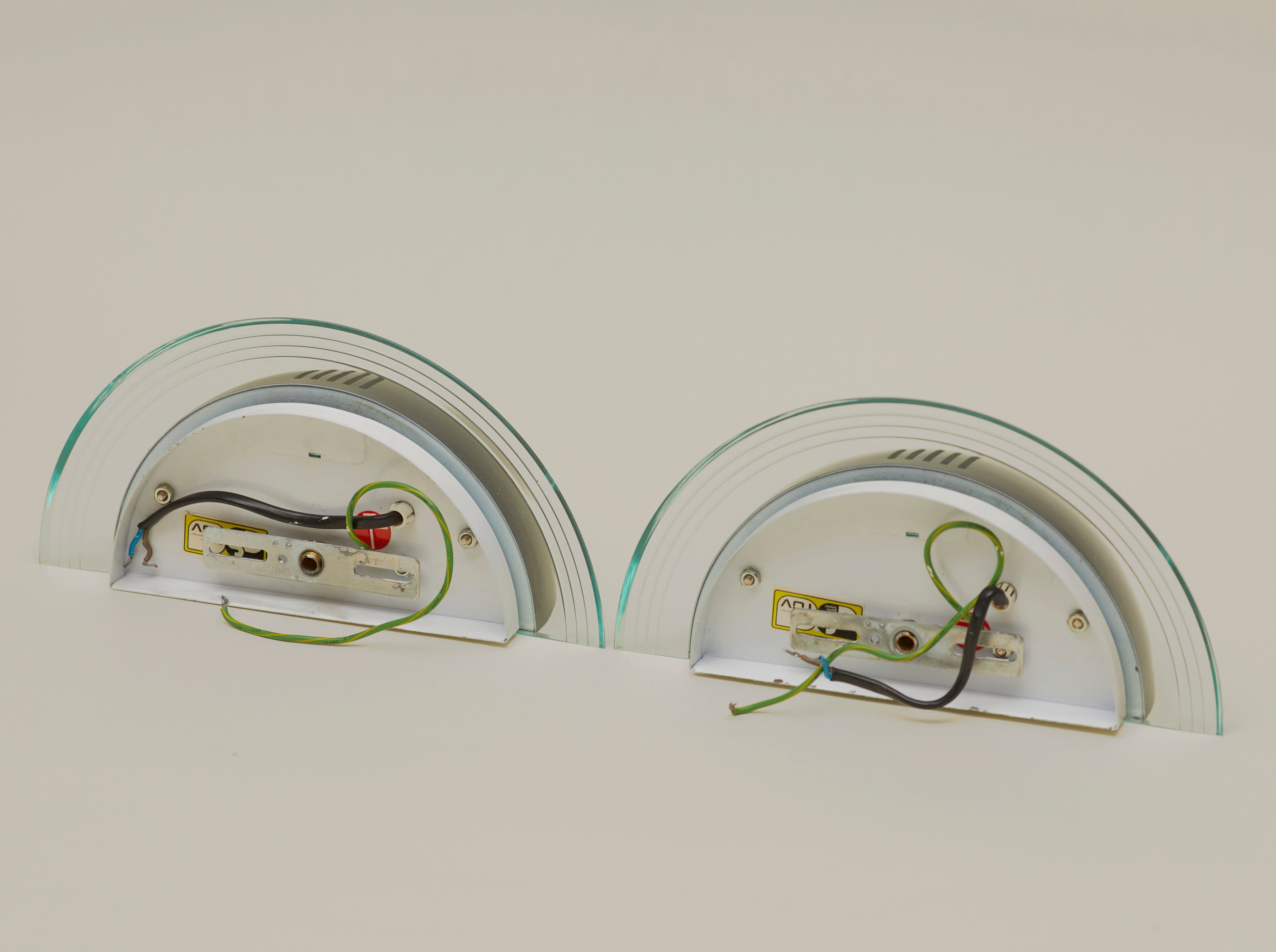 Set of 2 Vintage German Postmodern Wall Lights Circa 1980 — back view showing wiring and glass details