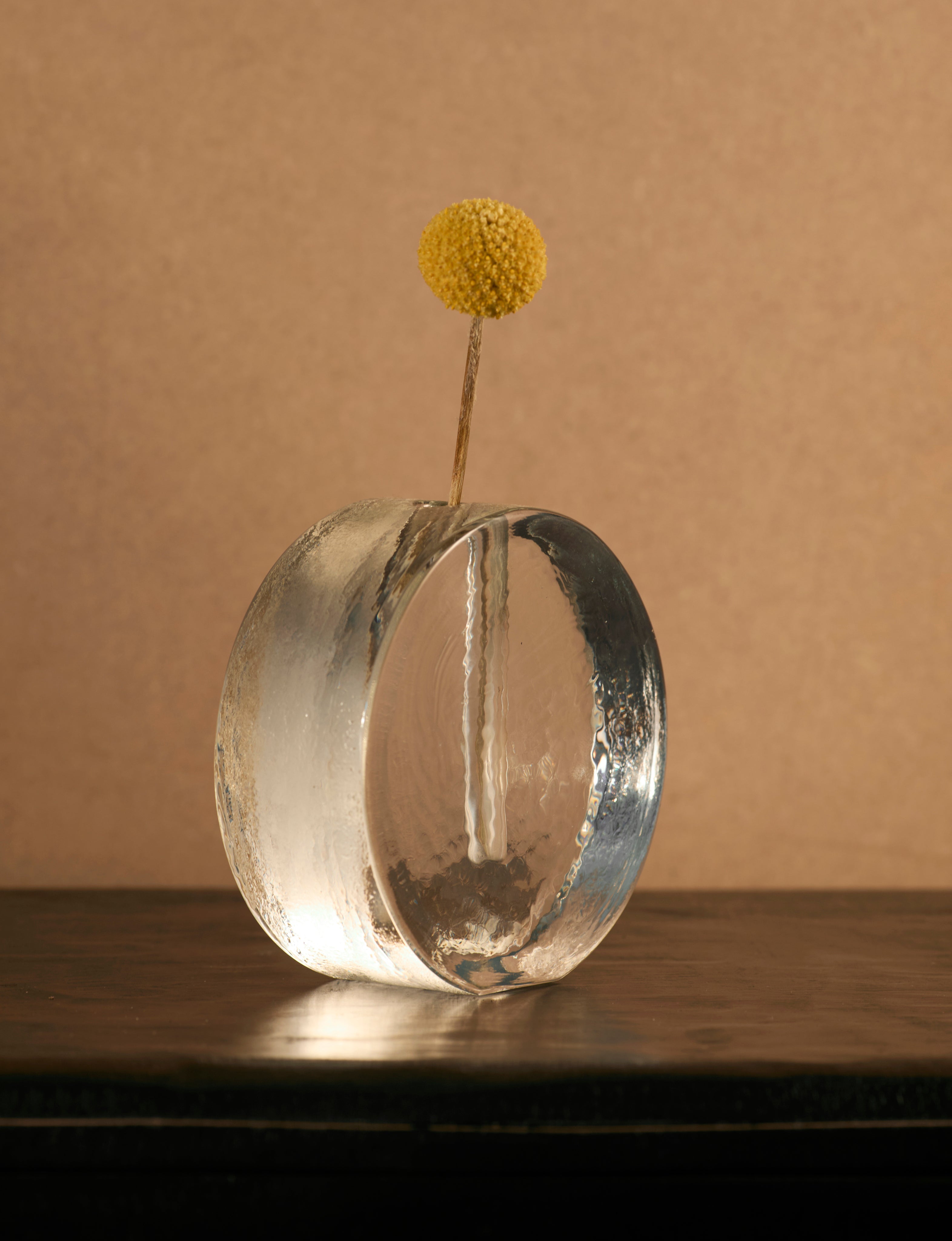 Vintage Scandinavian Vase in Glass and Clear Glass c. 1960 — side view with yellow flower on dark surface