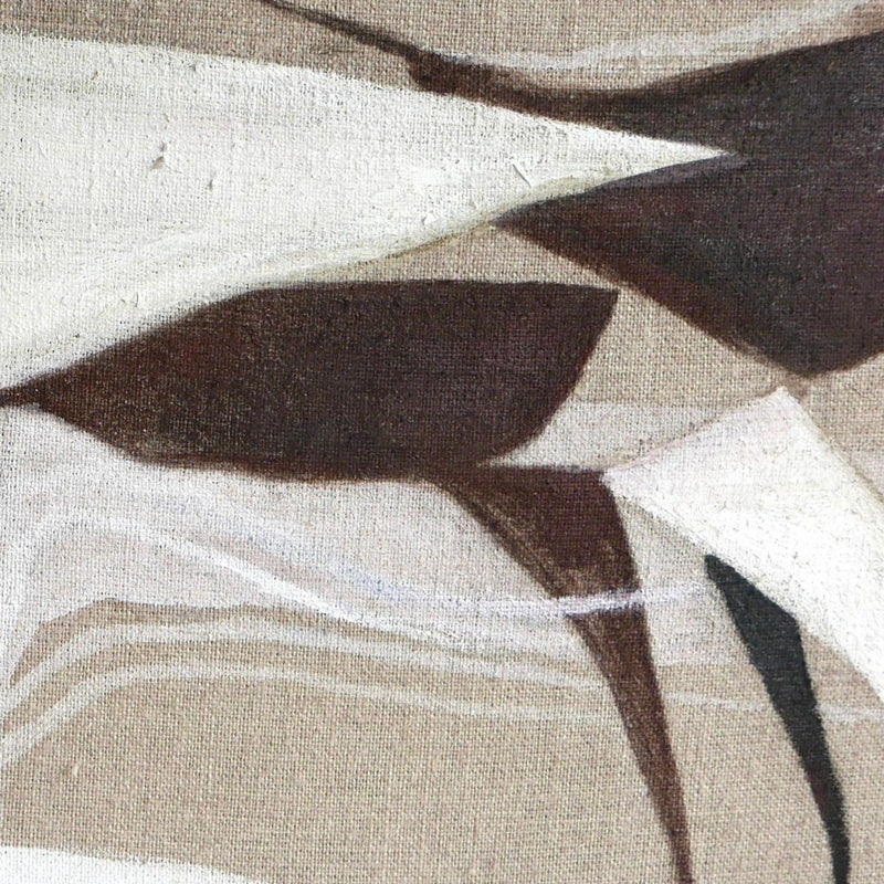 'A Still Moment' by Elena Barber is a contemporary abstract oil painting featuring overlapping angular shapes in brown, cream, and black on textured linen, with dynamic intersecting lines that evoke movement.
