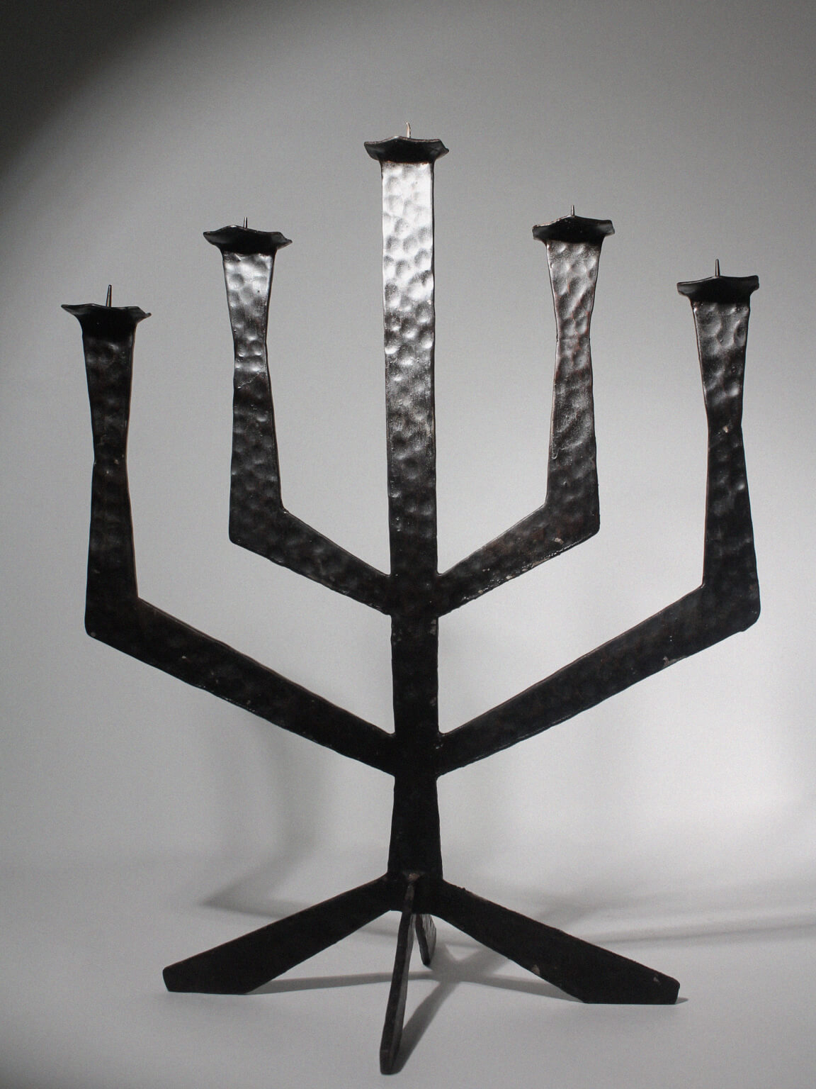 Brutalist Hammered Texture Metal Candelabrum — detail view