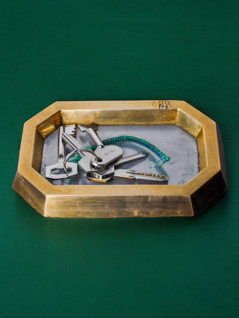 Brutalist Ashtray by David Marshall, Spain, 1970s — top view with keys on brass surface
