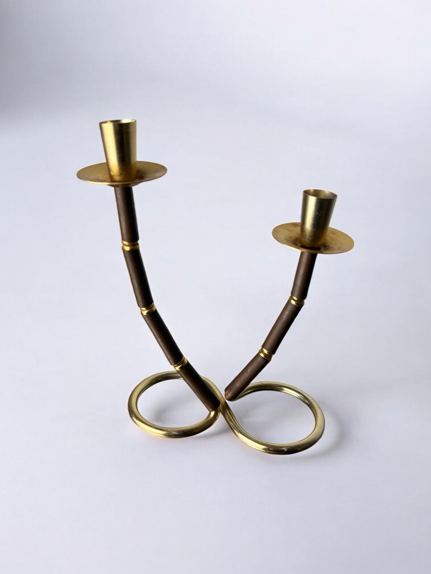 Faux Bamboo & Brass Candleholder, Italy, 1970s — angled view on neutral backdrop