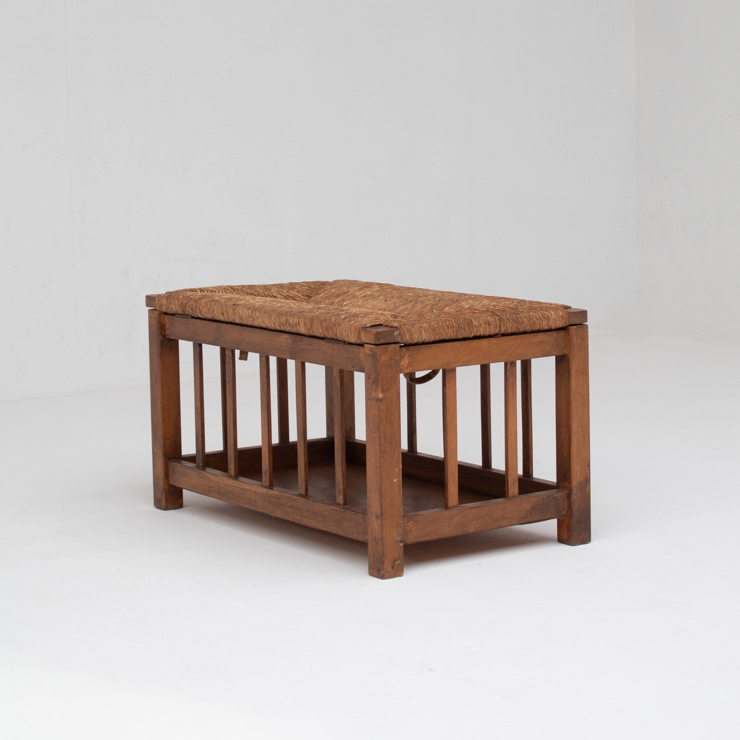 French Oak Storage Bench with Woven Rush Seat — side angle