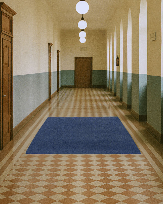 Rug 100% Wool New Zealand - Orage — blue rug in hallway setting