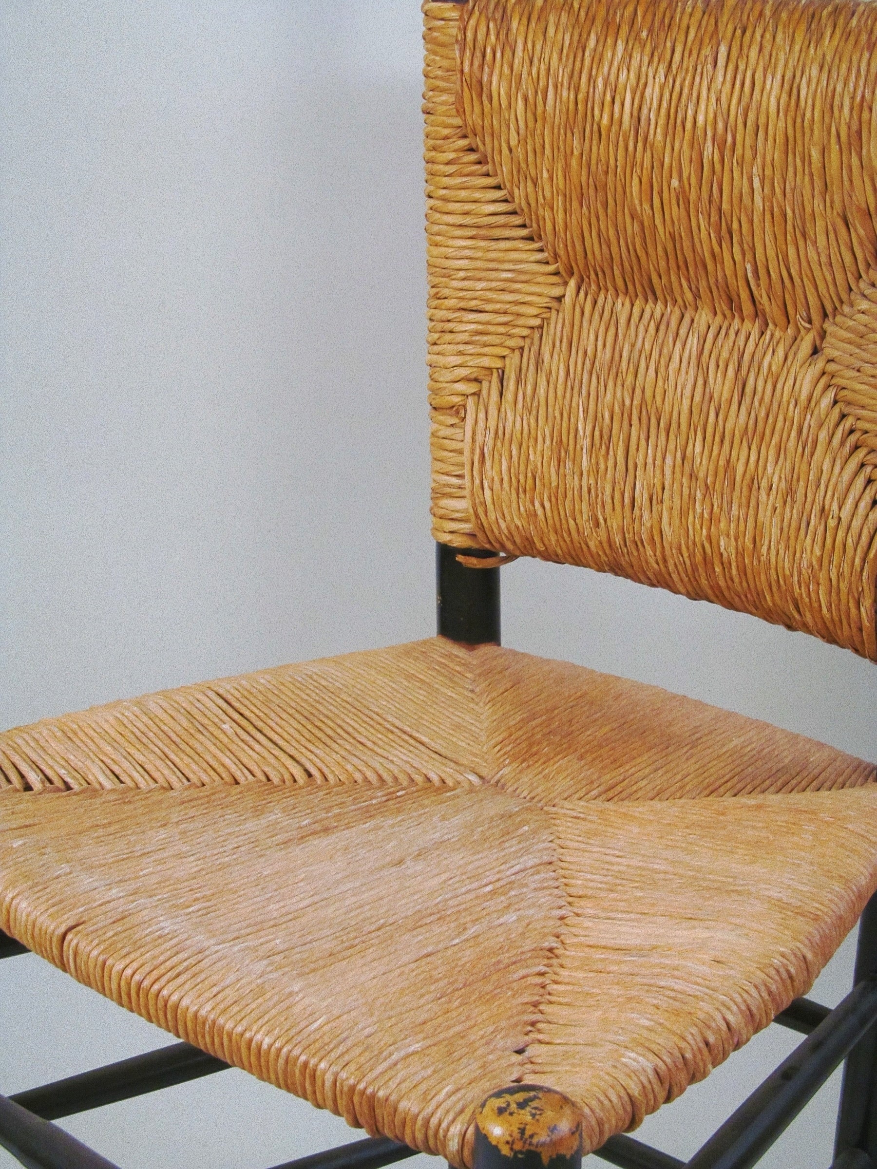 Set of Four European Rush-Back Chairs c.1950. — back view highlighting woven rush seat