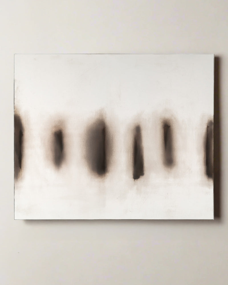 'ST445', a 2025 oil painting by Bec Kirby, features vertical blurred dark smudges on a white canvas in an abstract, minimalist style and includes a Certificate of Authenticity.