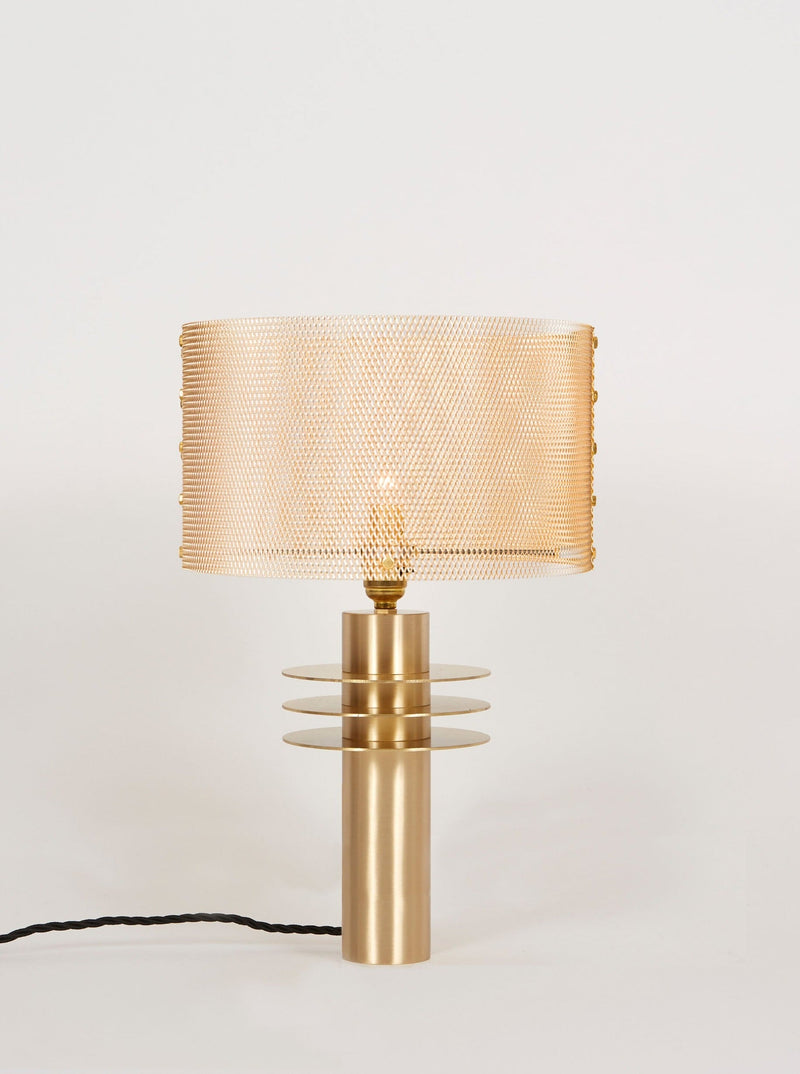 Black Swan Table Lamp — close-up of brass mesh shade