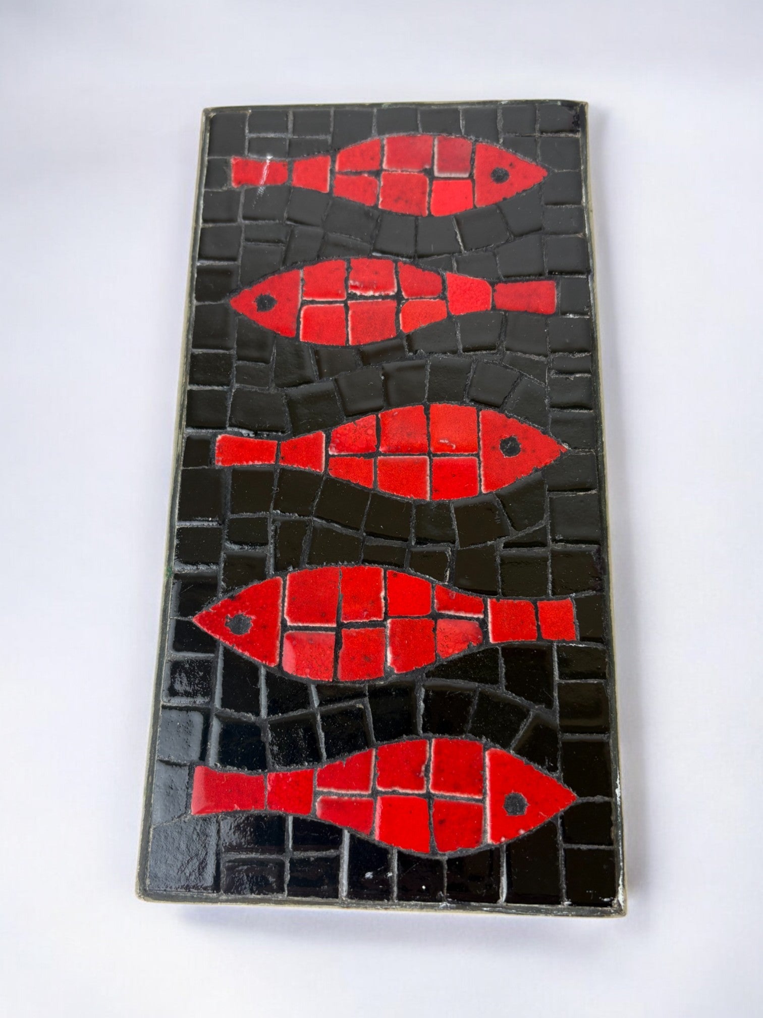 Italian 1960s Fish Mosaic Trinket Box in Ceramic and Brass — close-up of red and black fish design