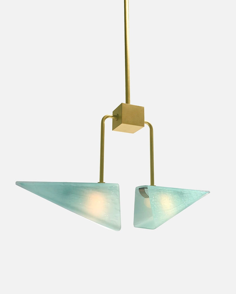 Equinox brass and aqua glass trapezoidal pendant light fixture