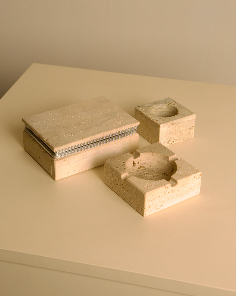 60's Italian Travertine Smoker's Desk Set by Treaptyque | The Oblist — beige travertine material