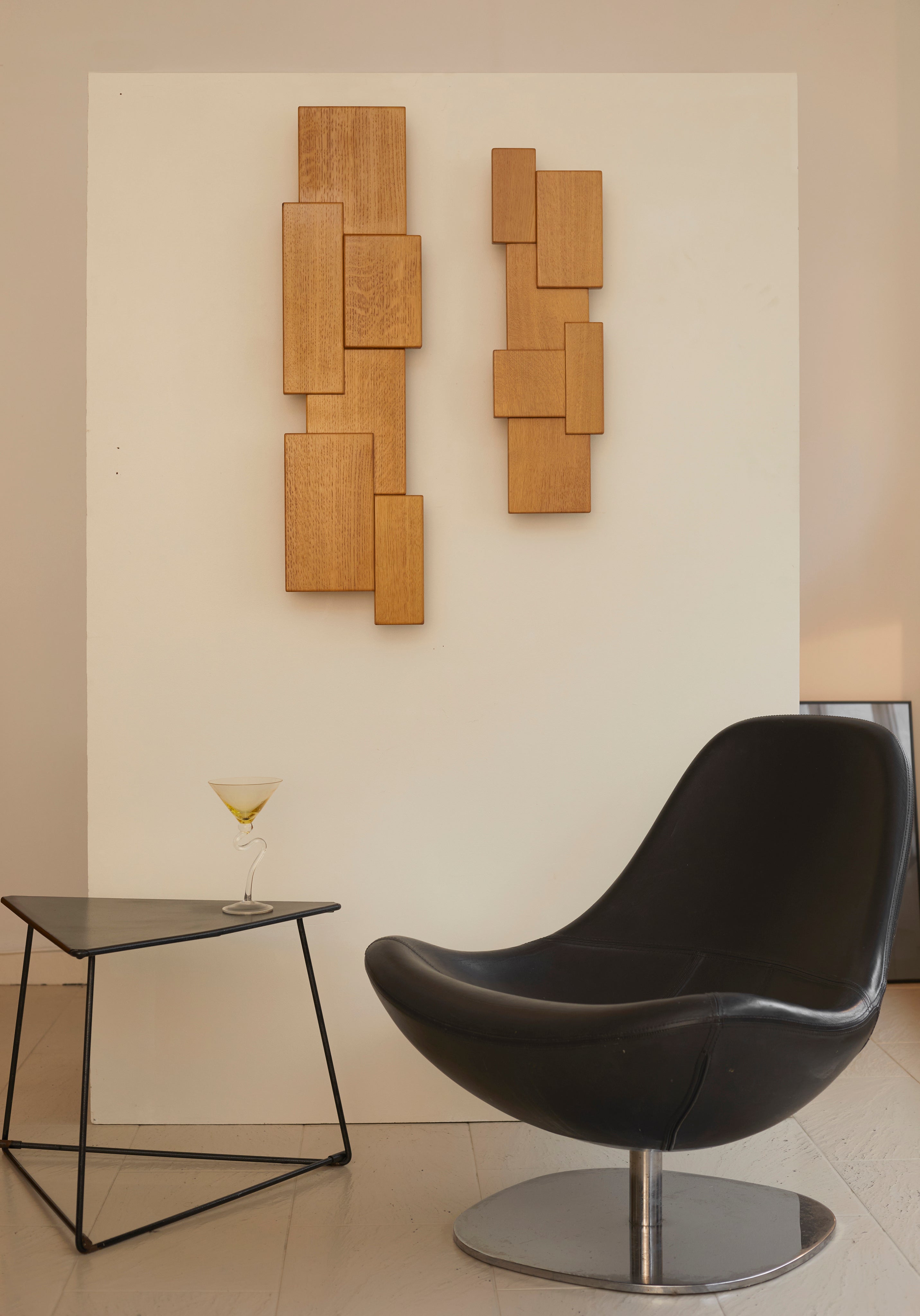 Vintage Set of Two French Oak Wood Sculptural Lamps Wall Lights C. 1980