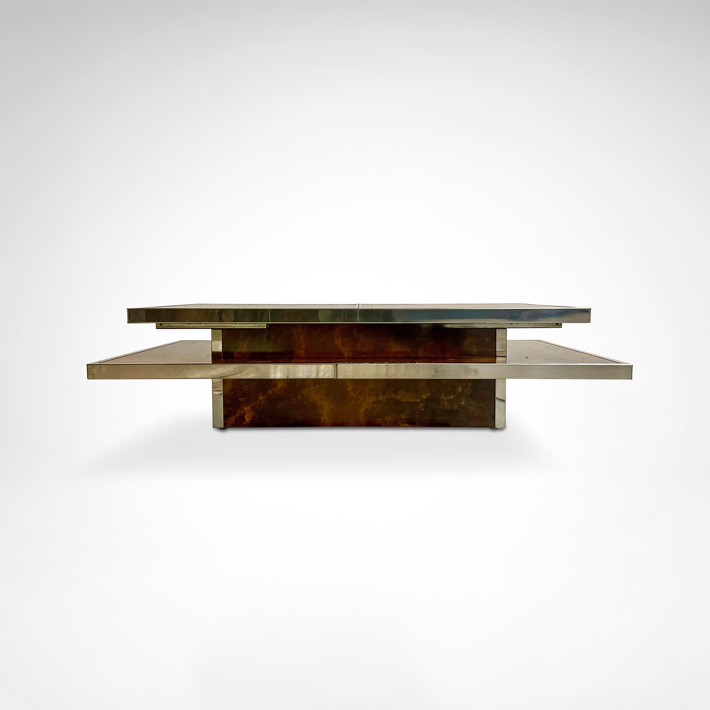 Sliding two tier burl wood and metal coffee table with integrated bar France 1980s — alternate view