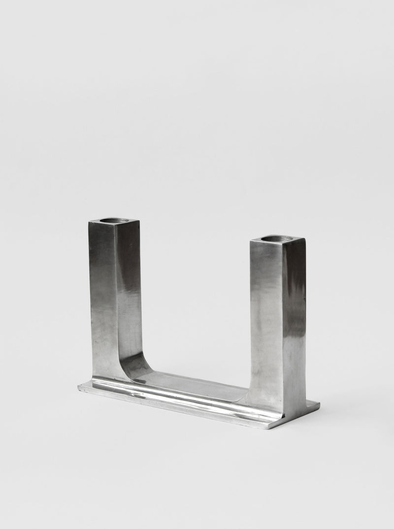 Brutalist polished aluminum dual candle holder with U-shaped design