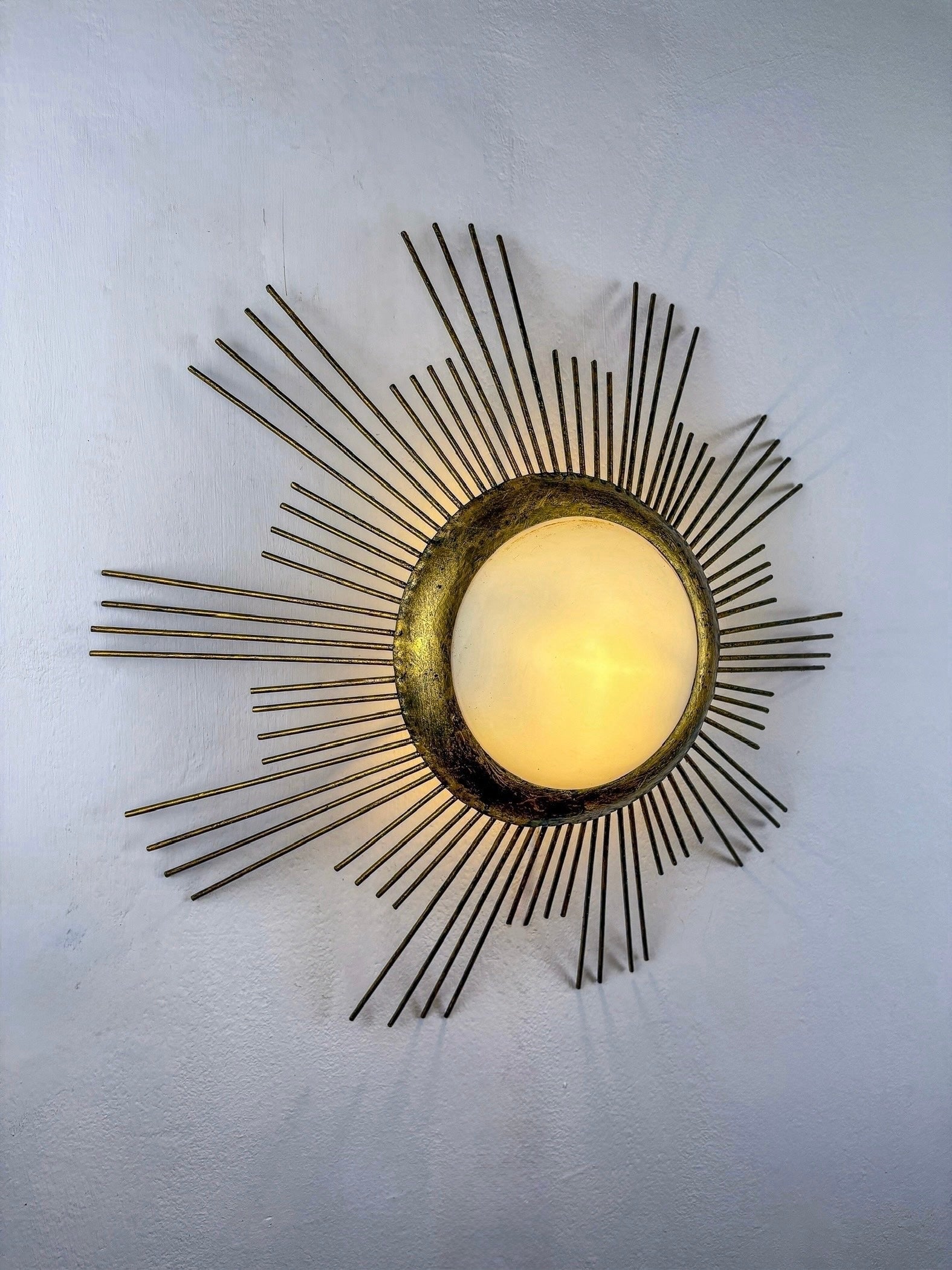 Large Sunburst Brutalist Ceiling Flush Mount or Pendant – Gilt Iron Rays & Opaline, France, 1950s — in context
