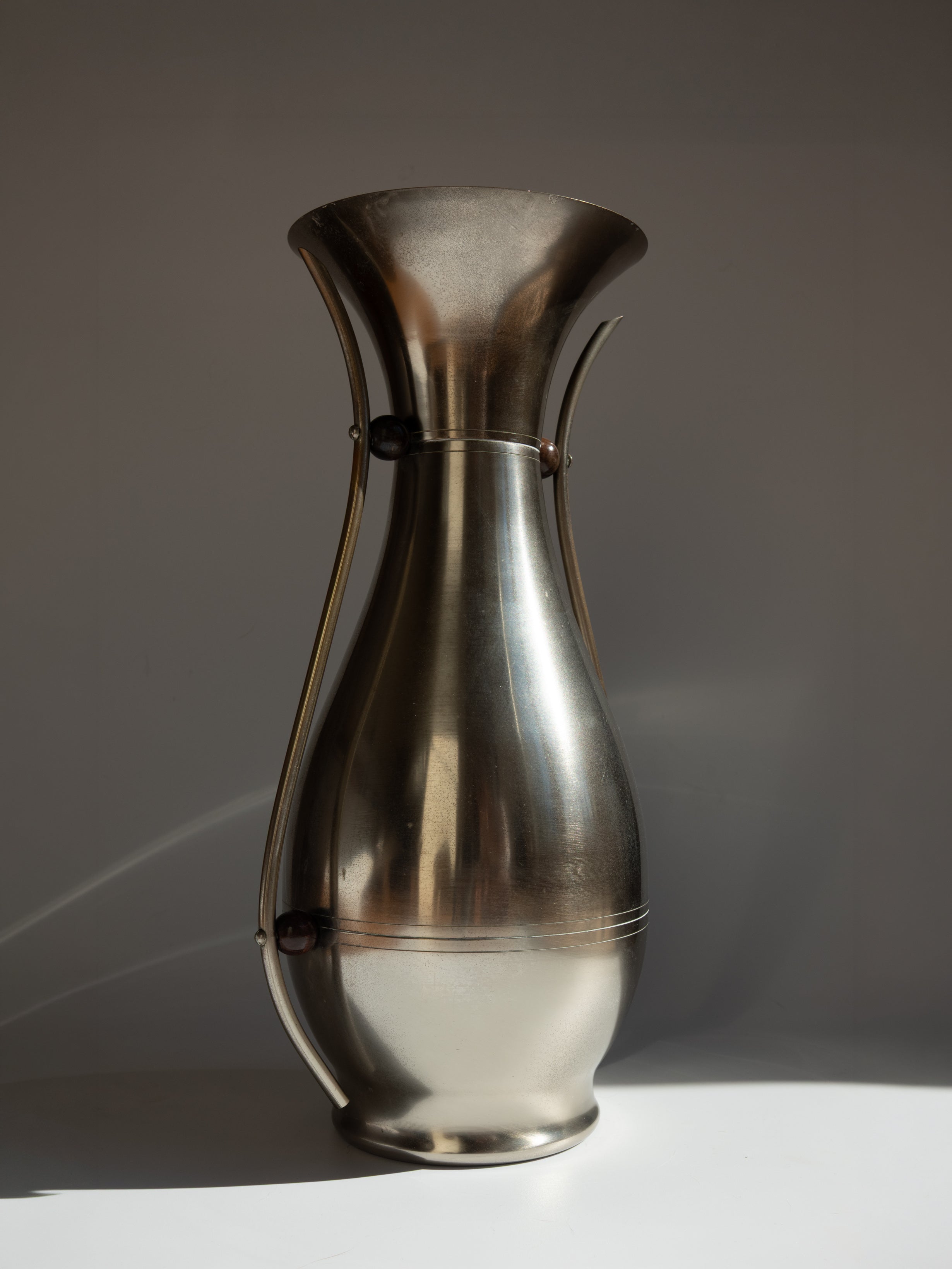 Dovo Holland Twin-Handled Metal Vase with Wooden Beads, c. 1950s — lifestyle setting