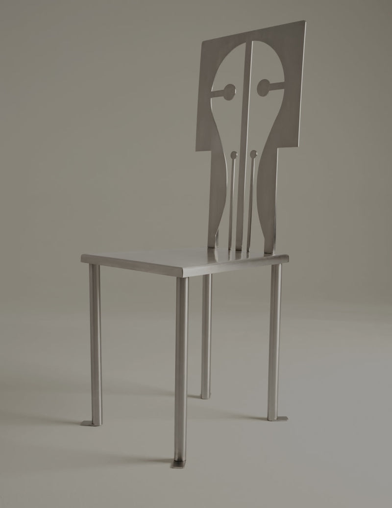 Modern white steel chair with abstract face-like backrest design