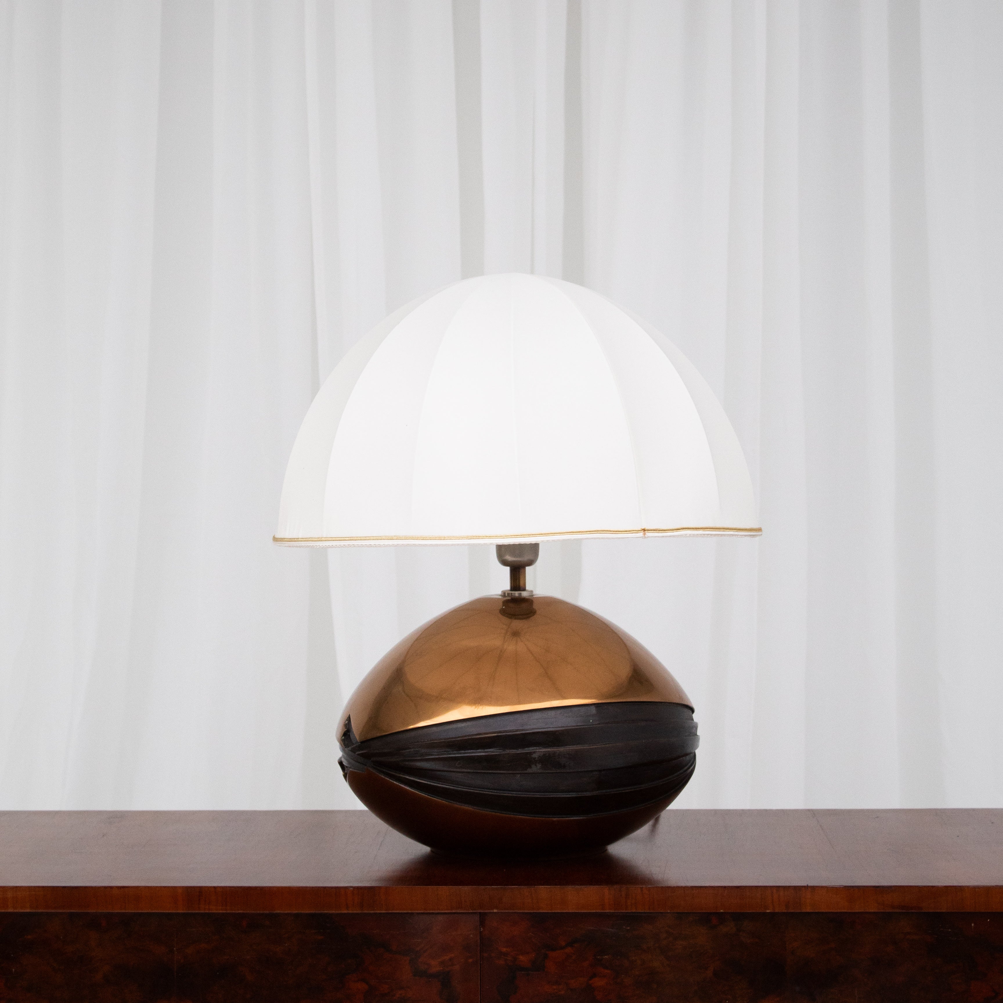 Brass Table Lamps in Fabric and Textile by Esa Fedrigolli for Esart — back view highlighting the round base and fabric shade