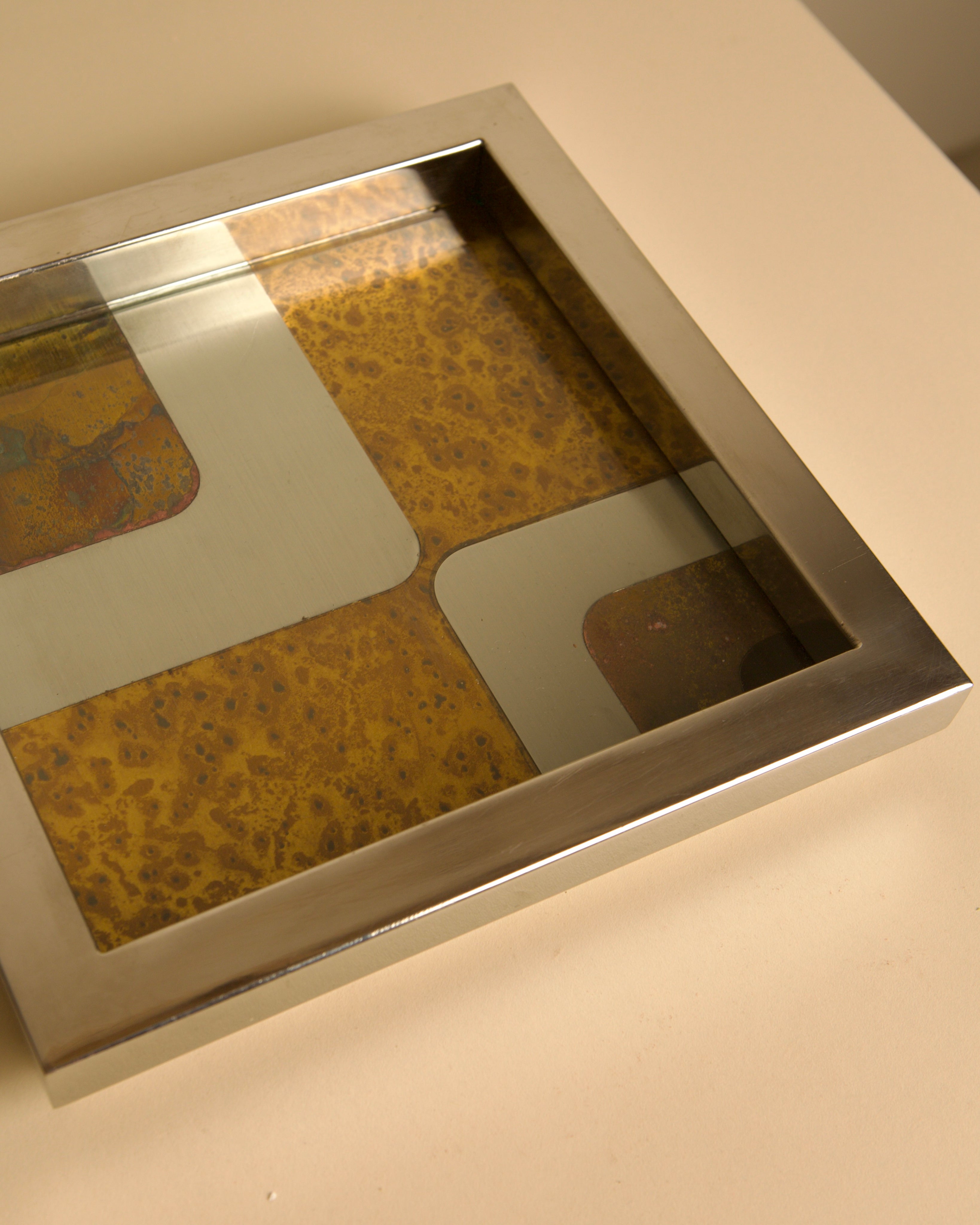 Italian square metal, glass, wood-effect and 70s patina catchall — alternate view