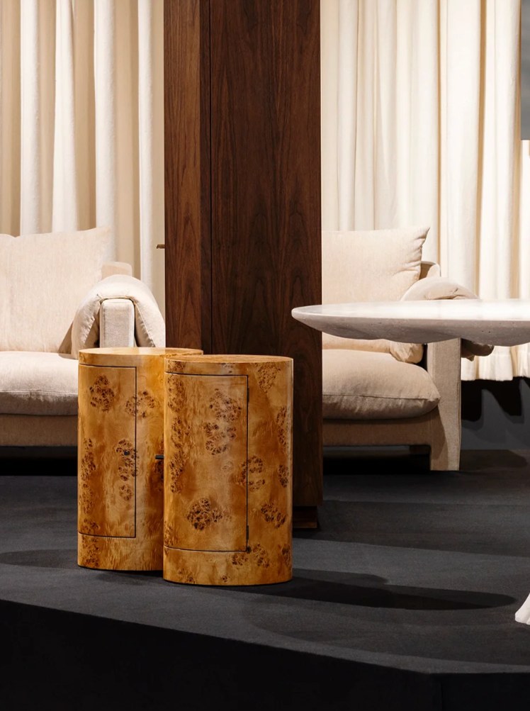 Pair of Constant Nightstand in Poplar Burl — detail view