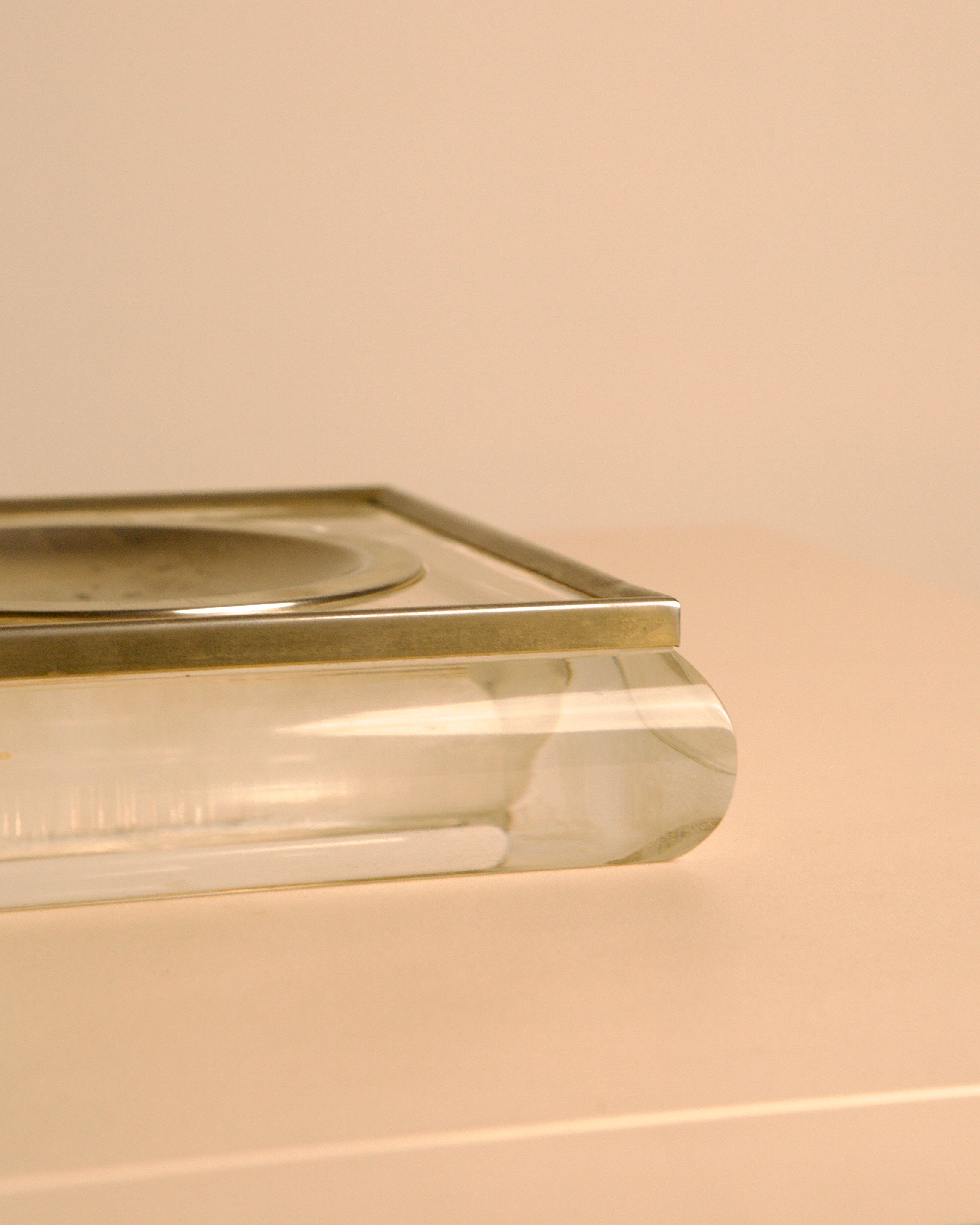 Italian square Plexiglas and metal catch-all tray, 1960s — lifestyle setting
