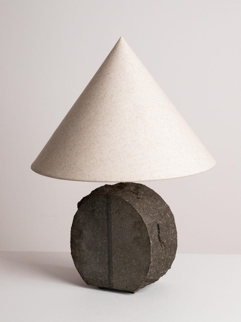 Vintage Brutalist Basalt Stone Table Lamp – 1970s Sculptural Granite Disc Light — detail view