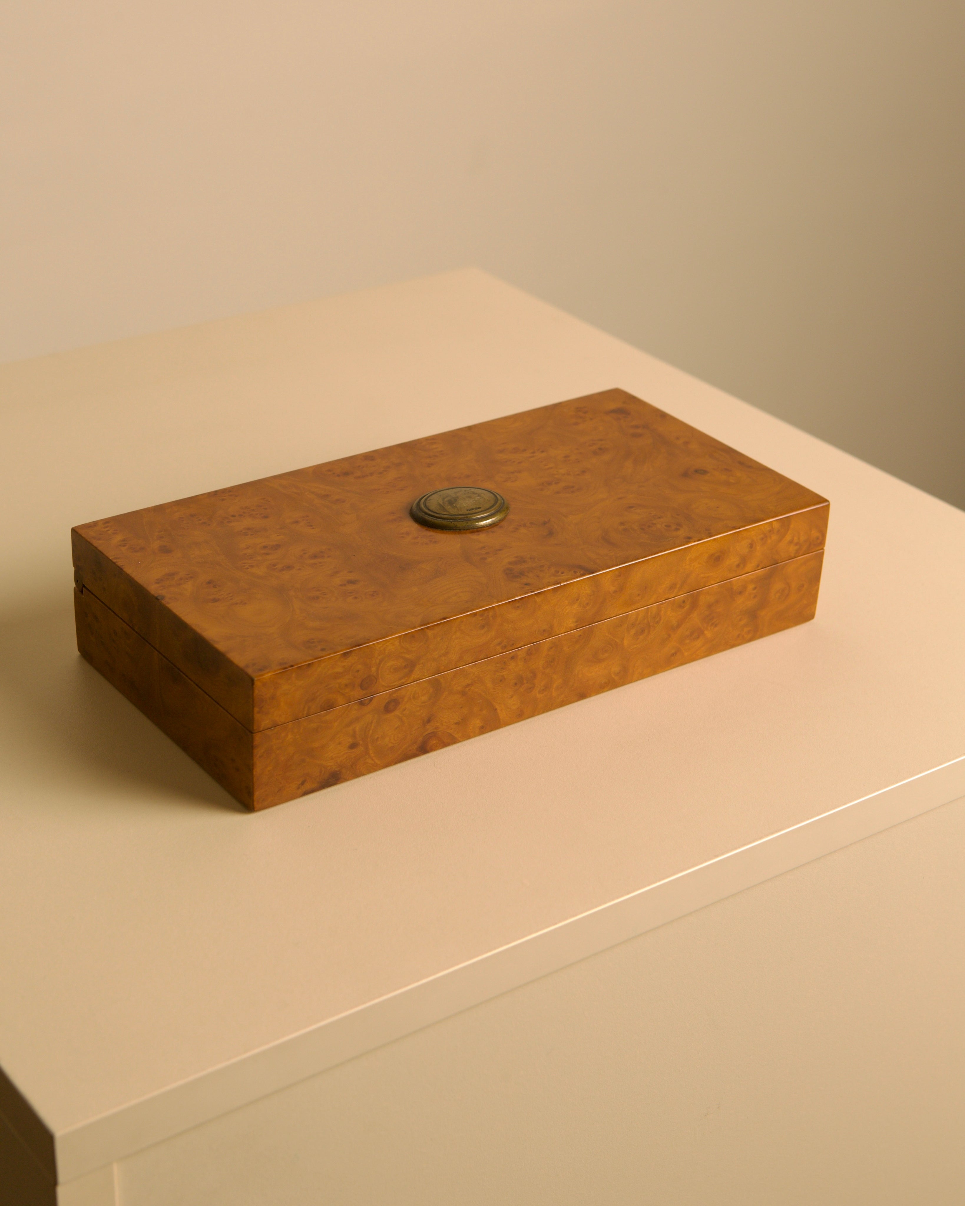 Italian Rectangular Burr Elm and Silver Box, 60s — top view on neutral surface