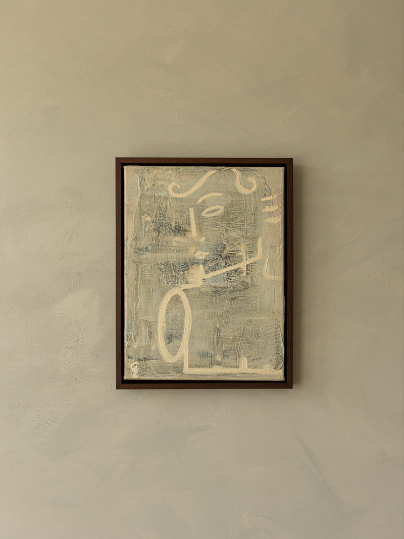 Abstract painting "HIS" by Claire de Wolf in muted tones with textured brushstrokes