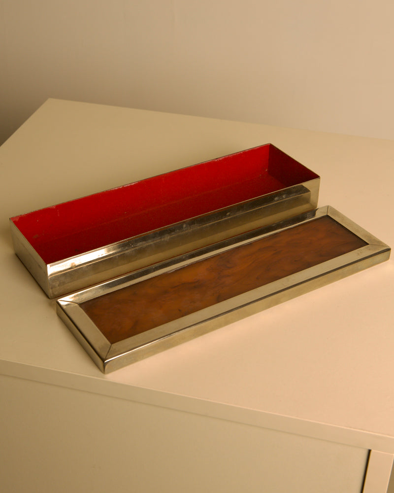 Rectangular Italian Metal Box, 70s — close-up of red interior and wood grain