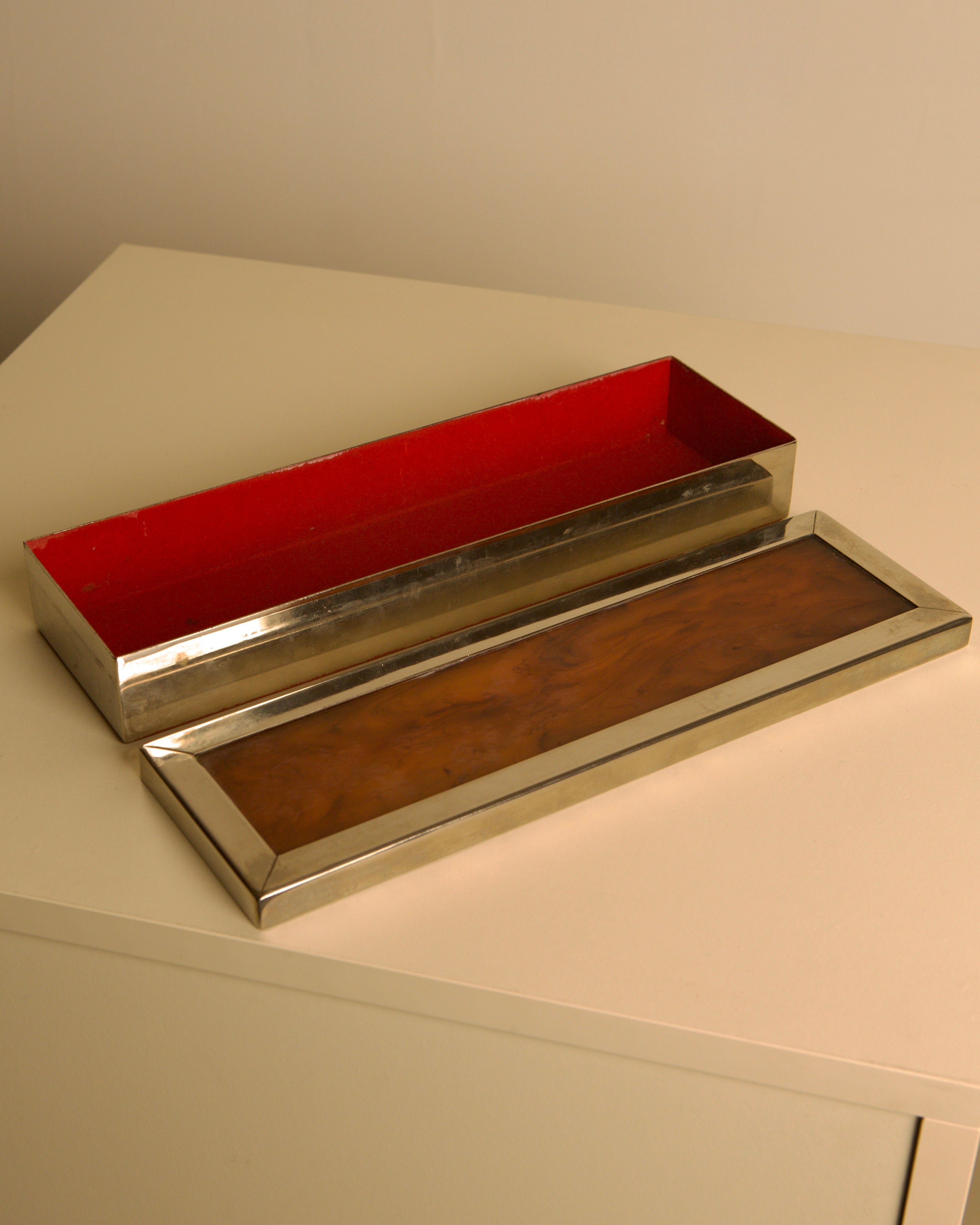 Rectangular Italian Metal Box, 70s — close-up of red interior and wood grain