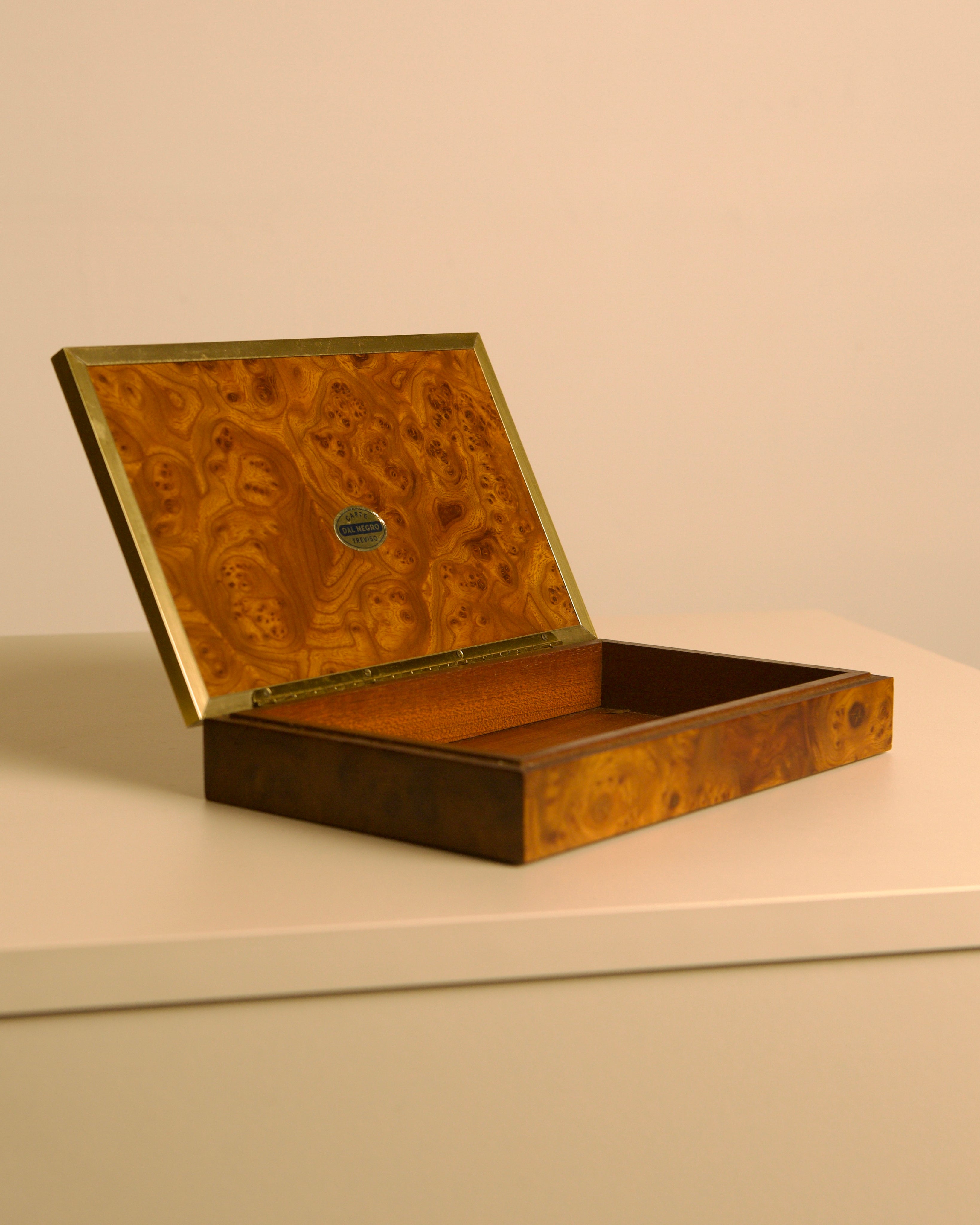 Italian box in elm wood and brass, 1960s — side angle showing open lid and interior