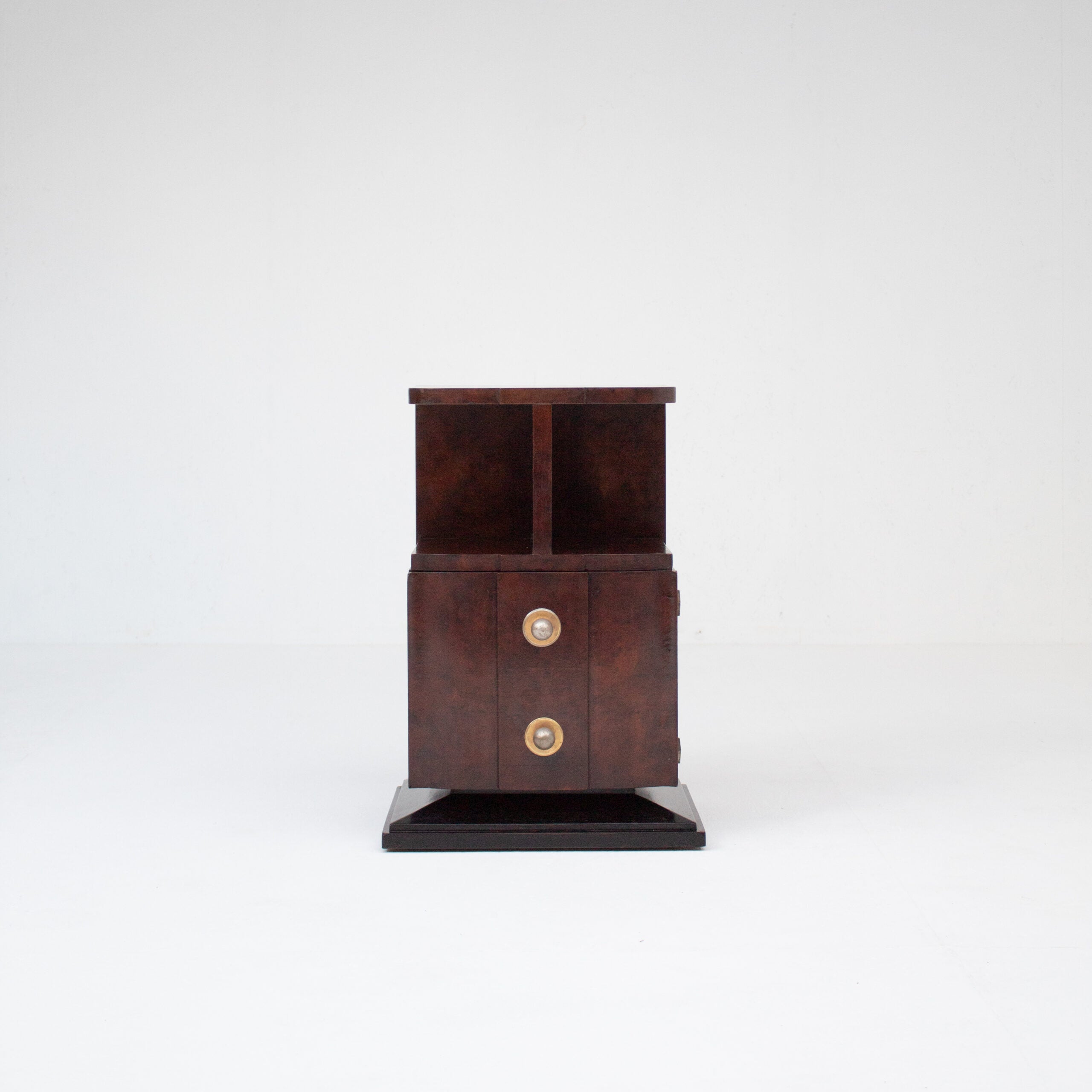 Art Deco Bedside Cabinet in Burr Walnut with Brass Hardware — detail view