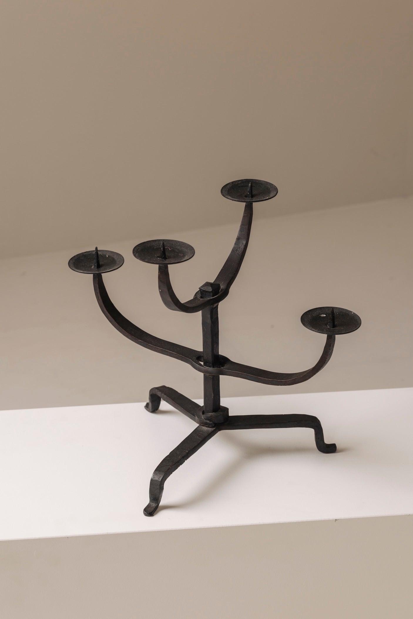 Hand-forged wrought iron candlesticks, France 1950s — close-up